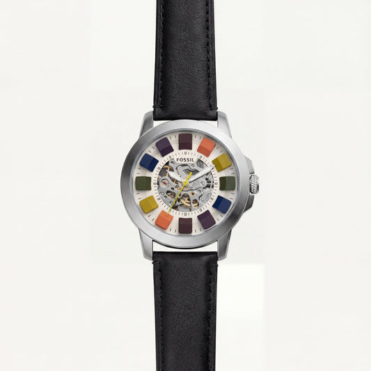 Multicolor Skeleton Dial Leather Strap Men’s Watch