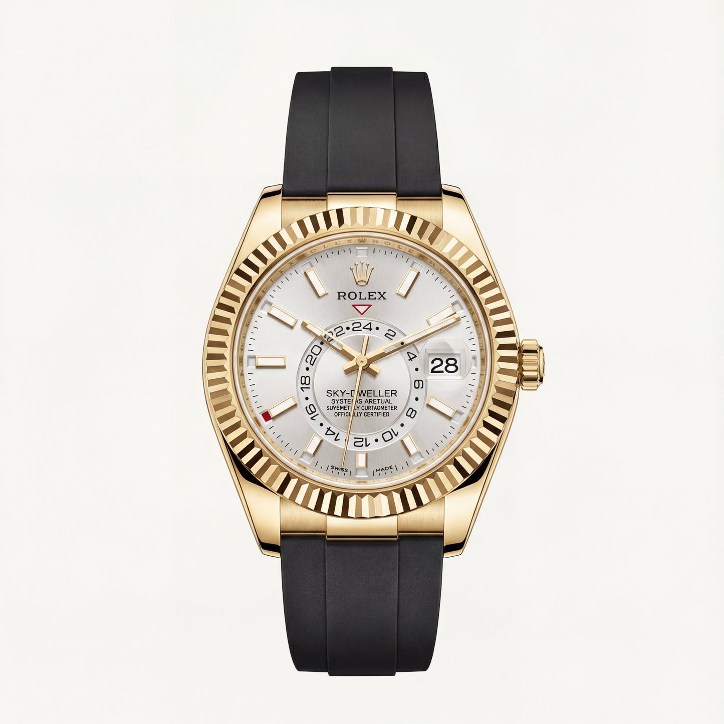Gold Fluted Bezel White Dial Luxury Men’s Watch with Rubber Strap