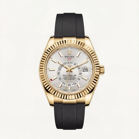 Gold Fluted Bezel White Dial Luxury Men’s Watch with Rubber Strap
