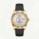 Gold Fluted Bezel White Dial Luxury Men’s Watch with Rubber Strap