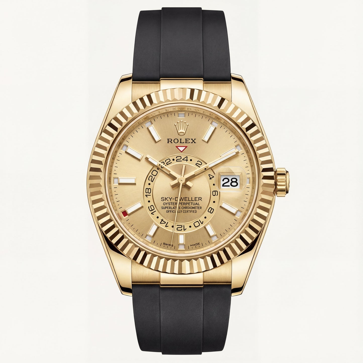 Gold Dial Fluted Bezel Luxury Men’s Watch with Black Rubber Strap