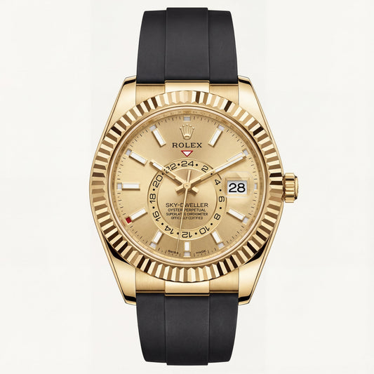 Gold Dial Fluted Bezel Luxury Men’s Watch with Black Rubber Strap