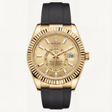 Gold Dial Fluted Bezel Luxury Men’s Watch with Black Rubber Strap