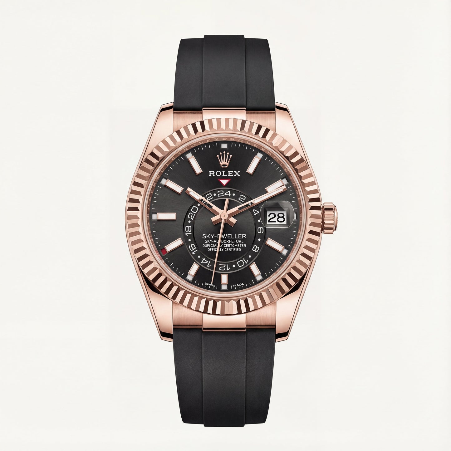 Rose Gold Black Dial Fluted Bezel Premium Men’s Watch with Rubber Strap