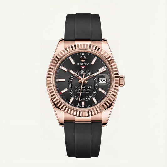 Rose Gold Black Dial Fluted Bezel Premium Men’s Watch with Rubber Strap