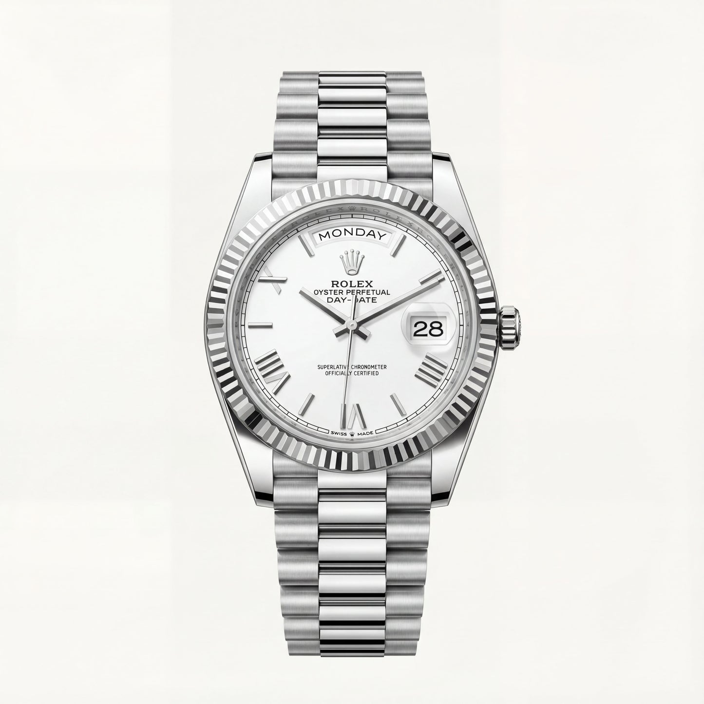 Classic White Dial Fluted Steel Day-Date Watch