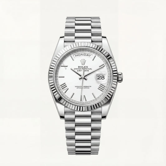 Classic White Dial Fluted Steel Day-Date Watch