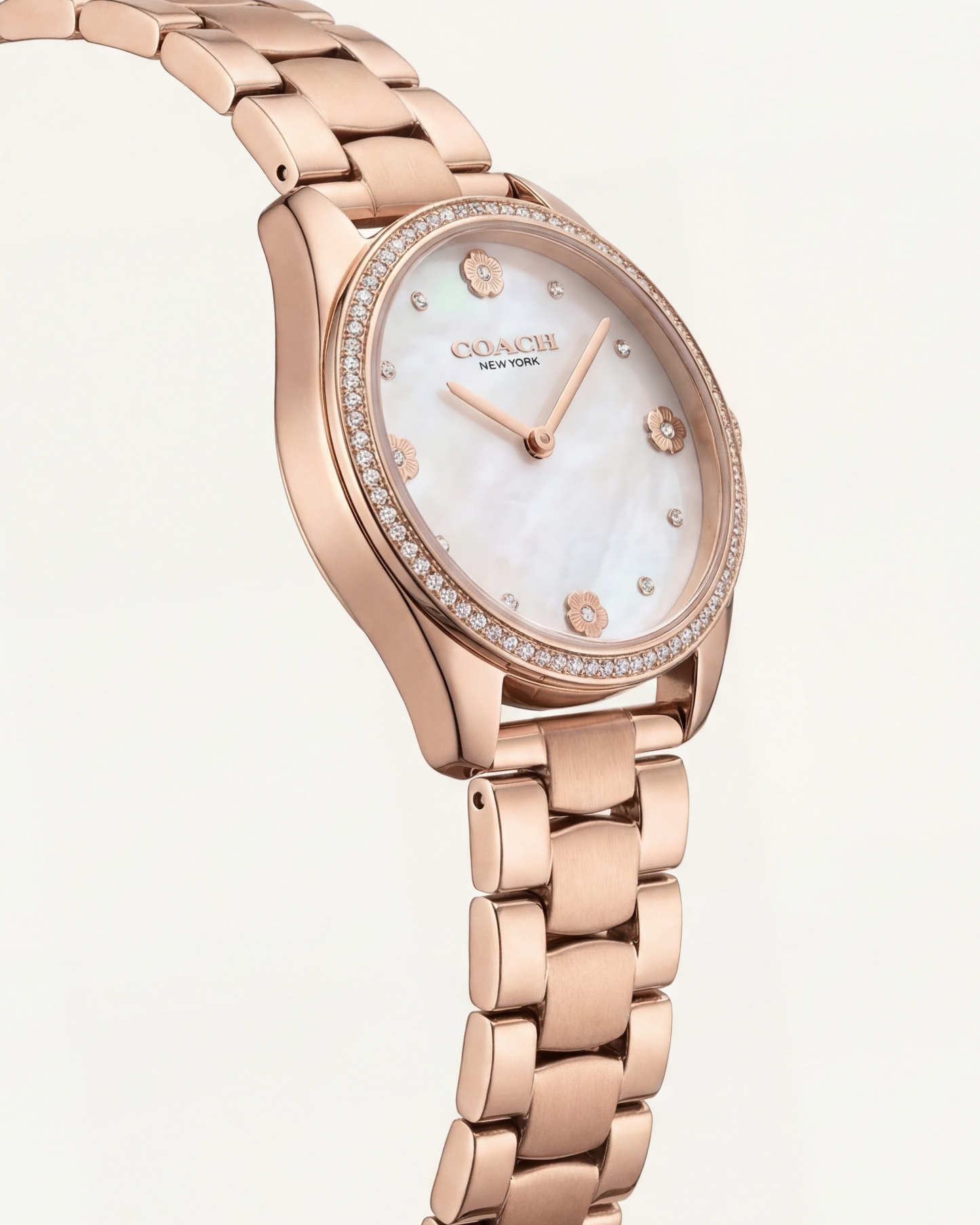 Rose Gold Crystal Bezel Mother of Pearl Floral Dial Elegant Bracelet Watch