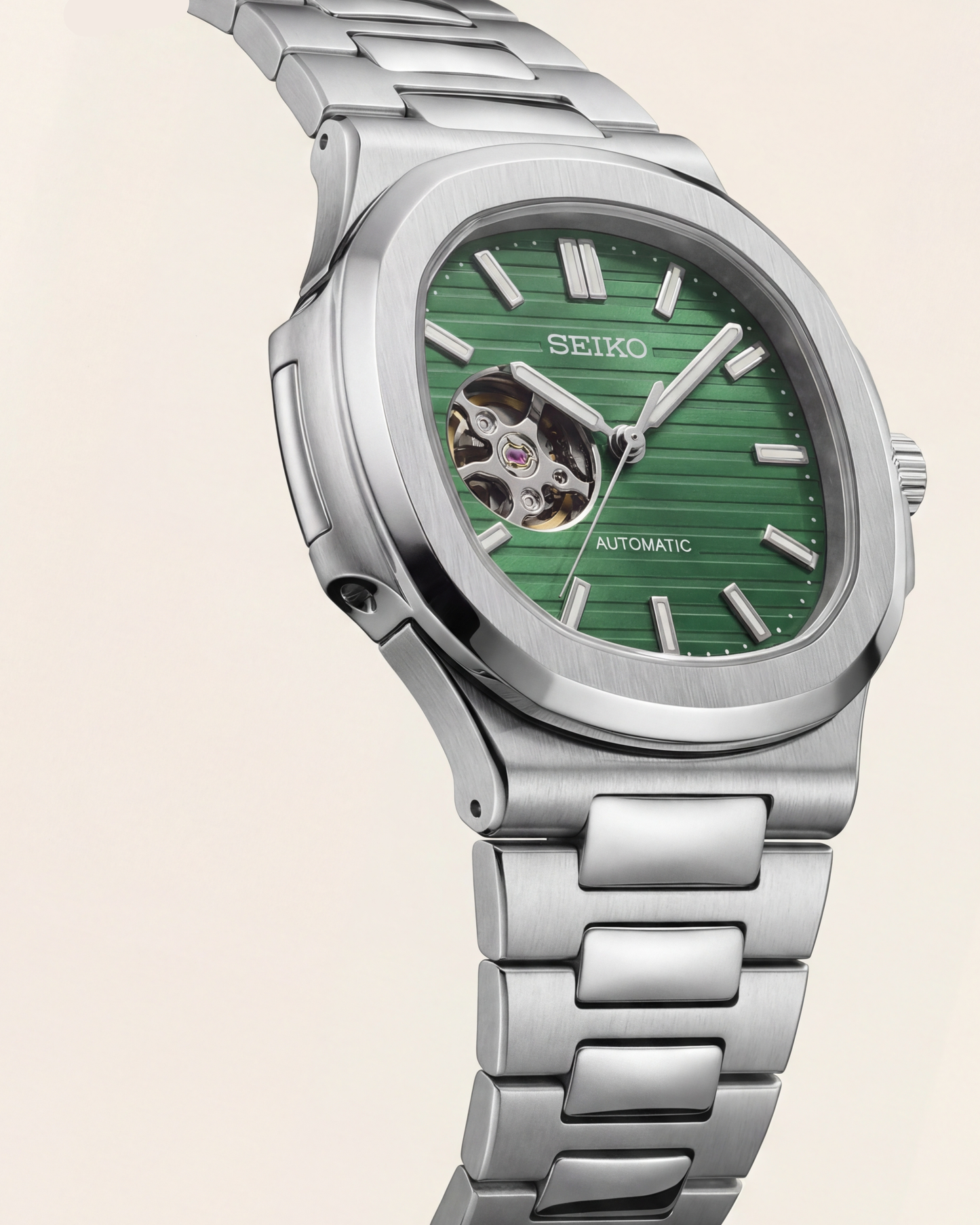 Silver Green Dial Open-Heart Automatic Steel Watch