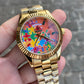 Premium Gold Stainless Steel Watch Orange Multicolor Puzzle Dial Fluted Bezel Statement Luxury Watch – Men