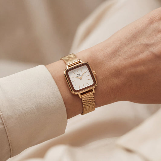 Gold Square Case White Dial Mesh Strap Watch