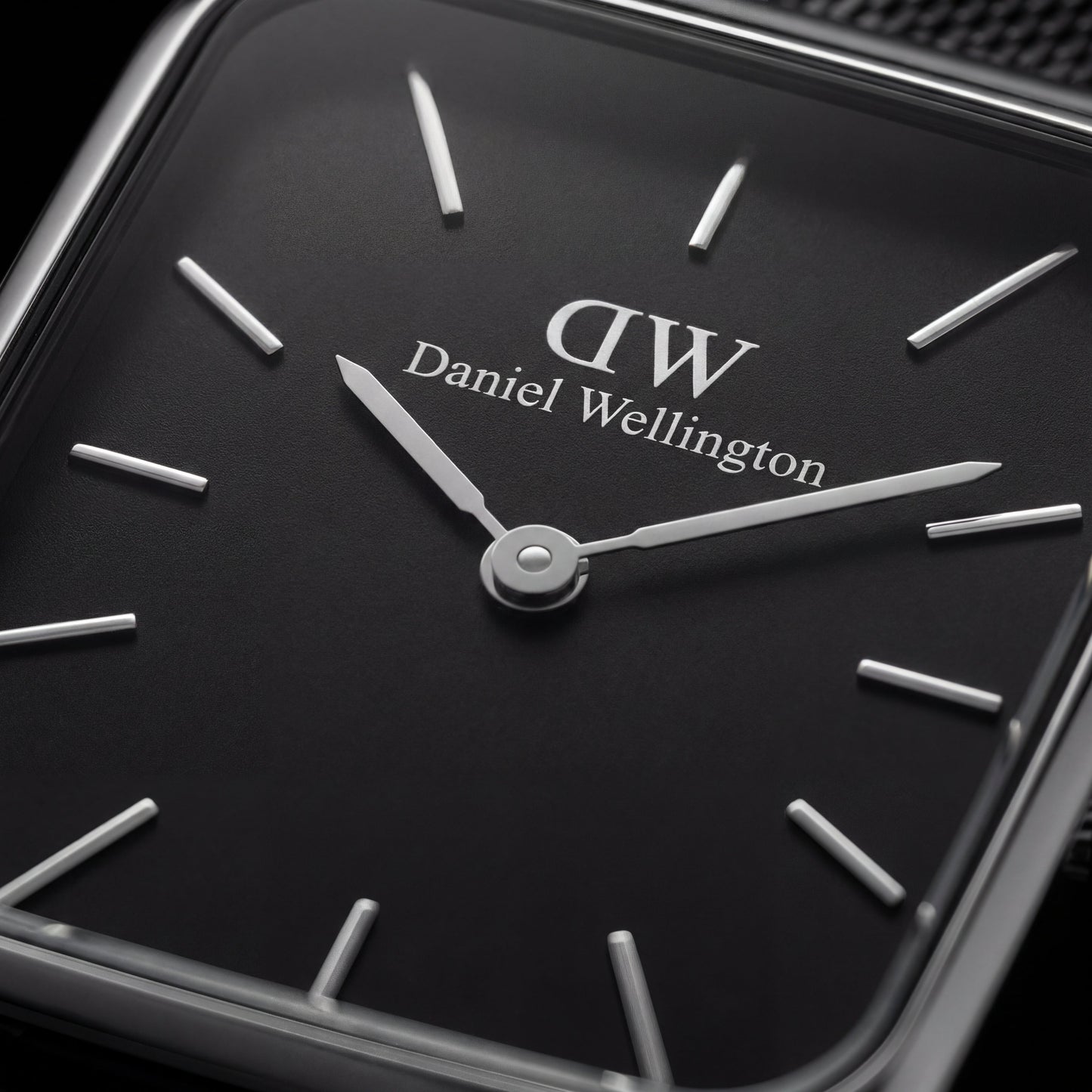 Silver Rectangular Black Dial Black Mesh Strap Watch