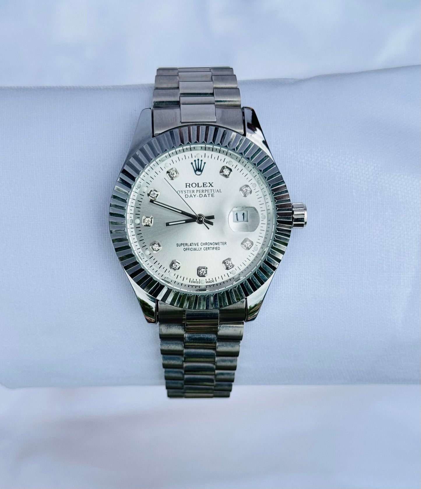 Premium Silver Luxury Watch Ice Silver Dial Diamond Style Hour Markers Fluted Bezel Jubilee Bracelet Classic Luxury Watch – Men
