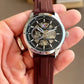 Premium Silver Stainless Steel Automatic Skeleton Watch Black Dial Brown Silicone Strap Sport Luxury Watch – Men