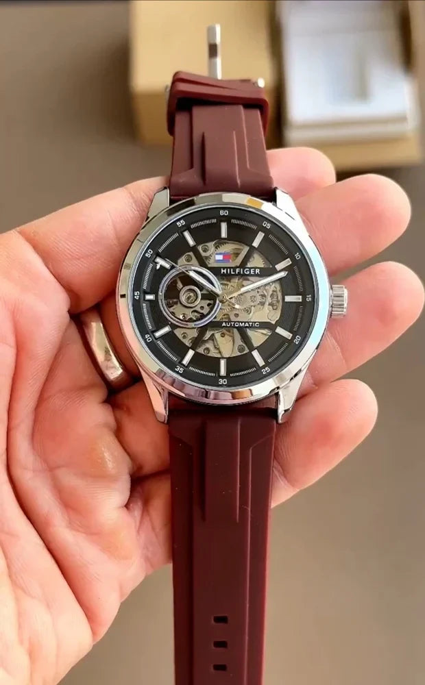 Premium Silver Stainless Steel Automatic Skeleton Watch Black Dial Brown Silicone Strap Sport Luxury Watch – Men
